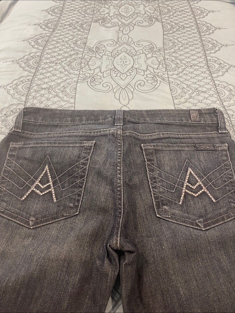 7 for All Man kind Indigo Wide Leg Jeans with Embroidered Crystals A Back Pocket